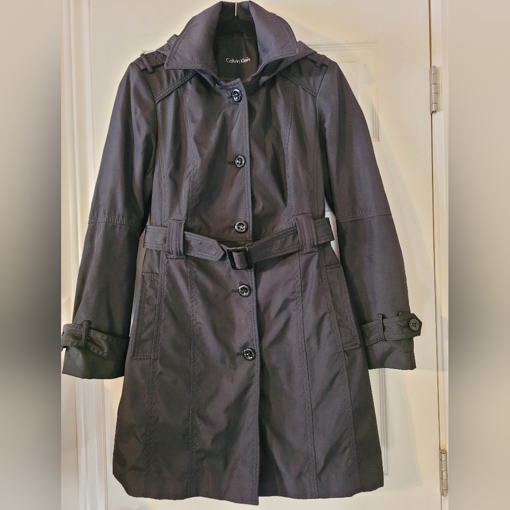 Calvin Klein Black Trench Coat with Hood And Belt